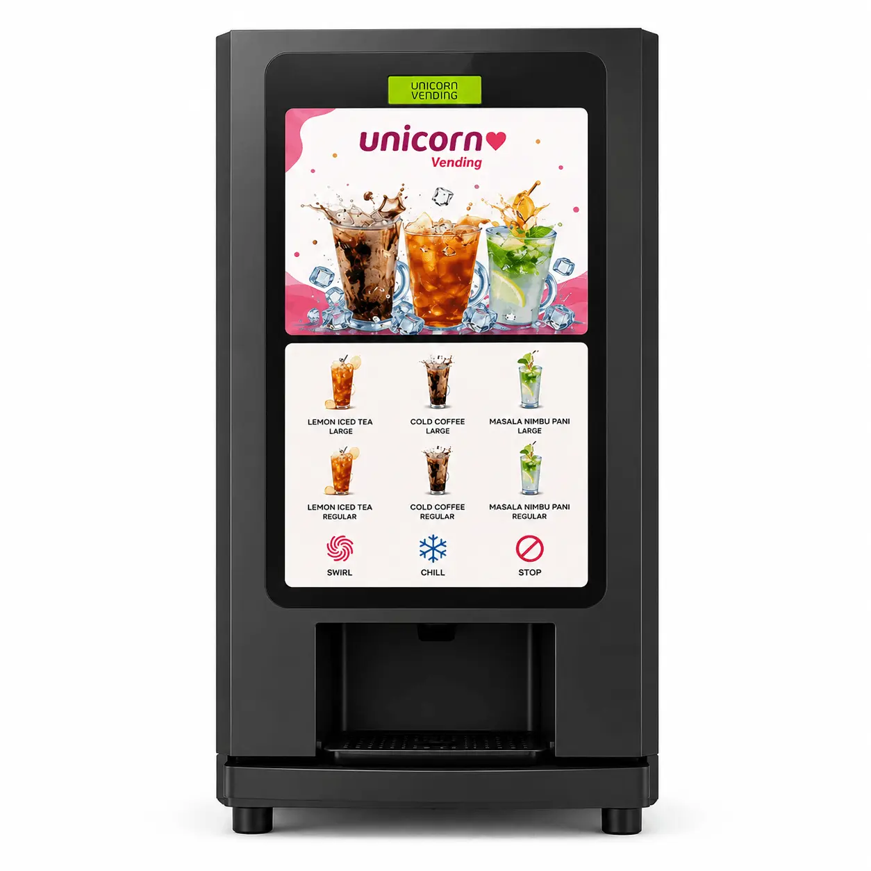 Unicorn cold beverage vending machine — front view