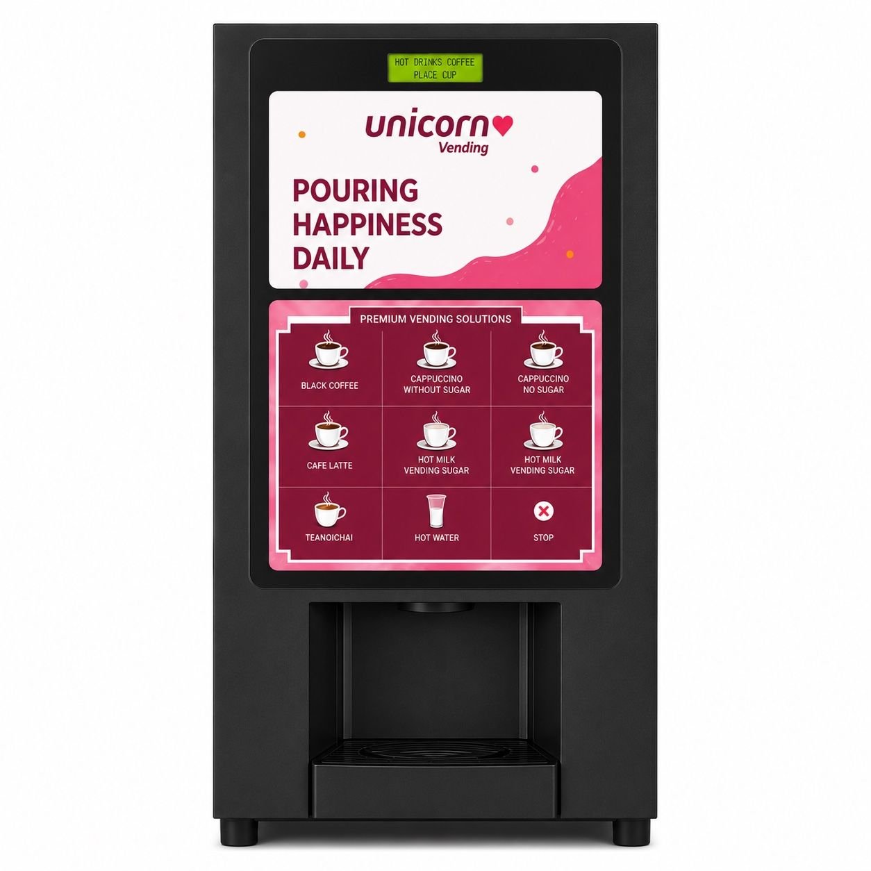 Unicorn hot beverage vending machine — front view